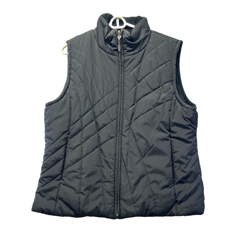 IZOD Women's Quilted Double Side Casual Puffer Vest Solid Black Size Large
